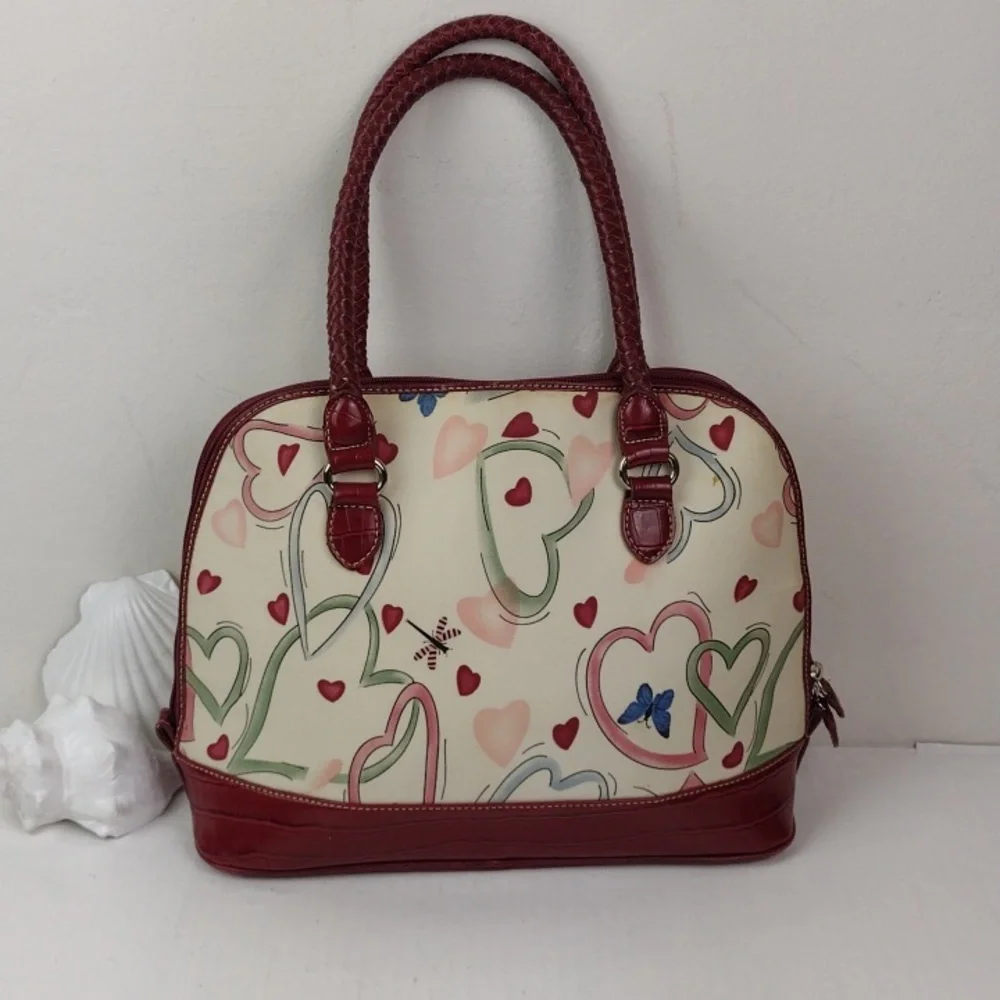 Brighton-esque Whimsical Heart Butterfly Croc-Embossed Leather Trim Purse Bag
